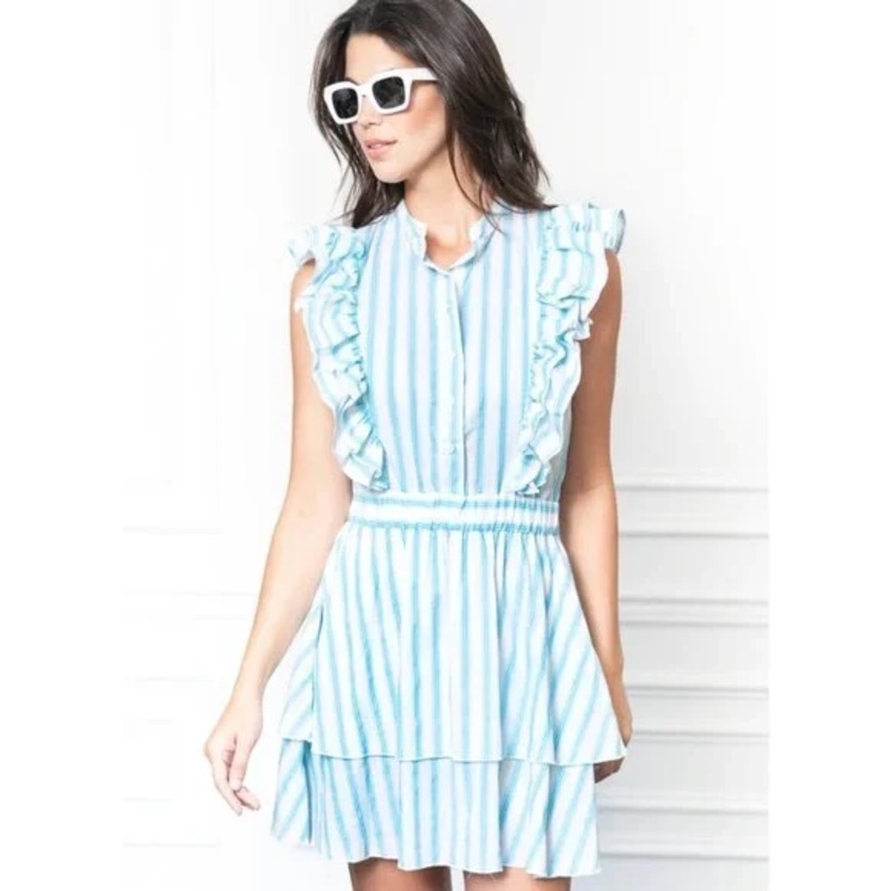 The Shirt Rochelle Behrens Turquoise Stripe Ruffle Sundress Size Large NEW